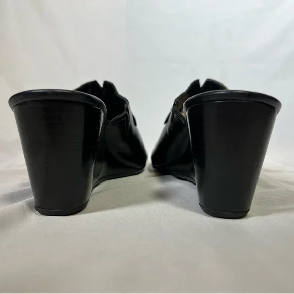 Cole Haan Black Leather Wedge Slip-On Clogs Mules Woven Strap Detail Size 9.5 - Picture 9 of 15